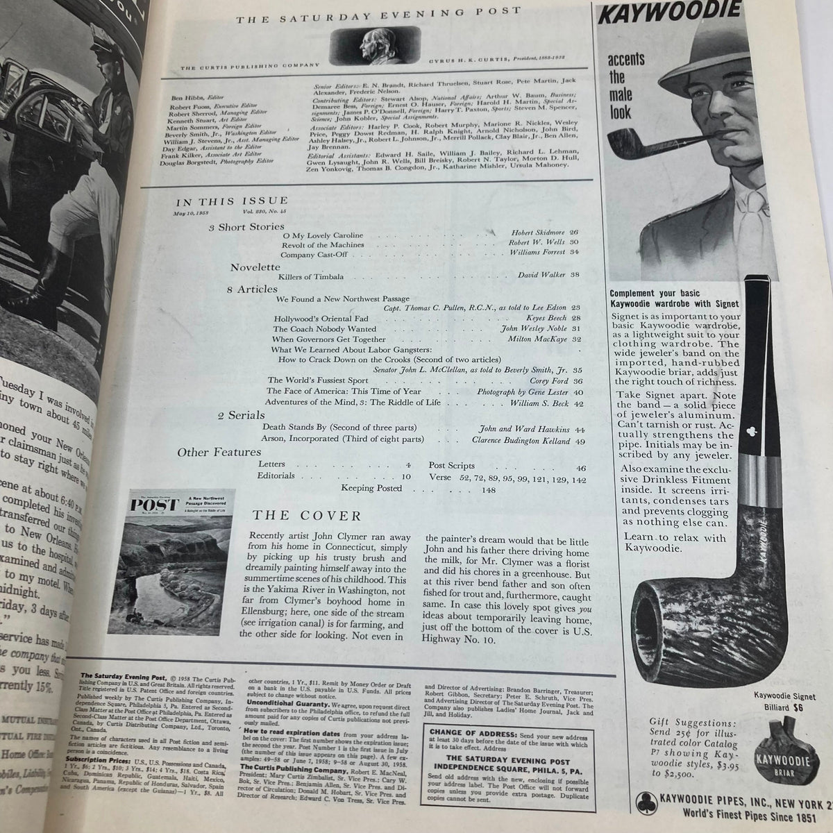 Inside pages of Saturday Evening Post Magazine May 10 1958, displaying the contents and article list including a feature on a new Northwest passage.
