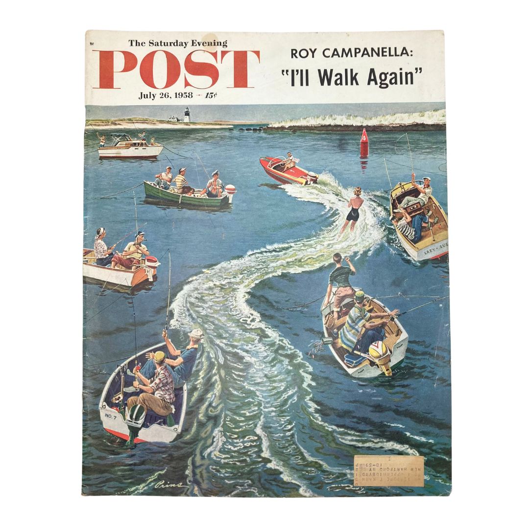 Cover of Saturday Evening Post Magazine, July 26, 1958, titled 'Summertime Water' featuring a vibrant illustration of people enjoying boating activities.