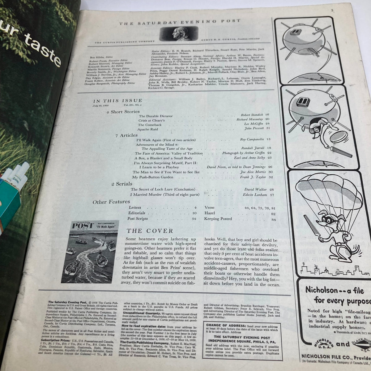 Inside page from the Saturday Evening Post Magazine, July 26, 1958, showcasing the table of contents and articles, highlighting the issue's theme and content.