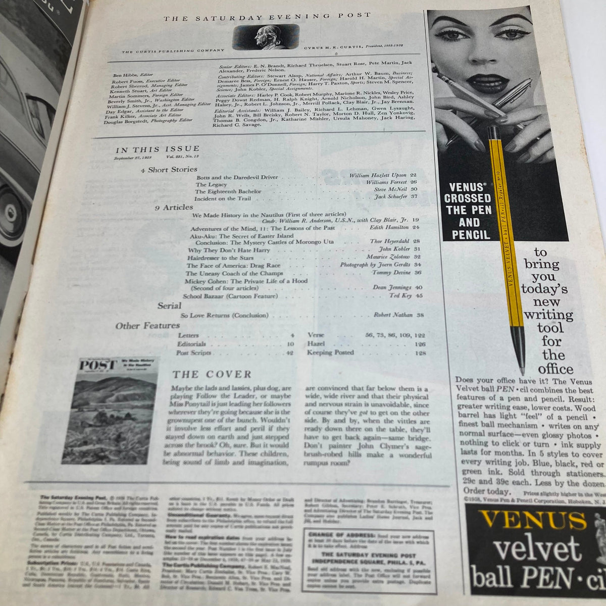 Interior page of the Saturday Evening Post Magazine, September 27, 1958, showcasing articles and advertisements, including a section about the cover illustration.