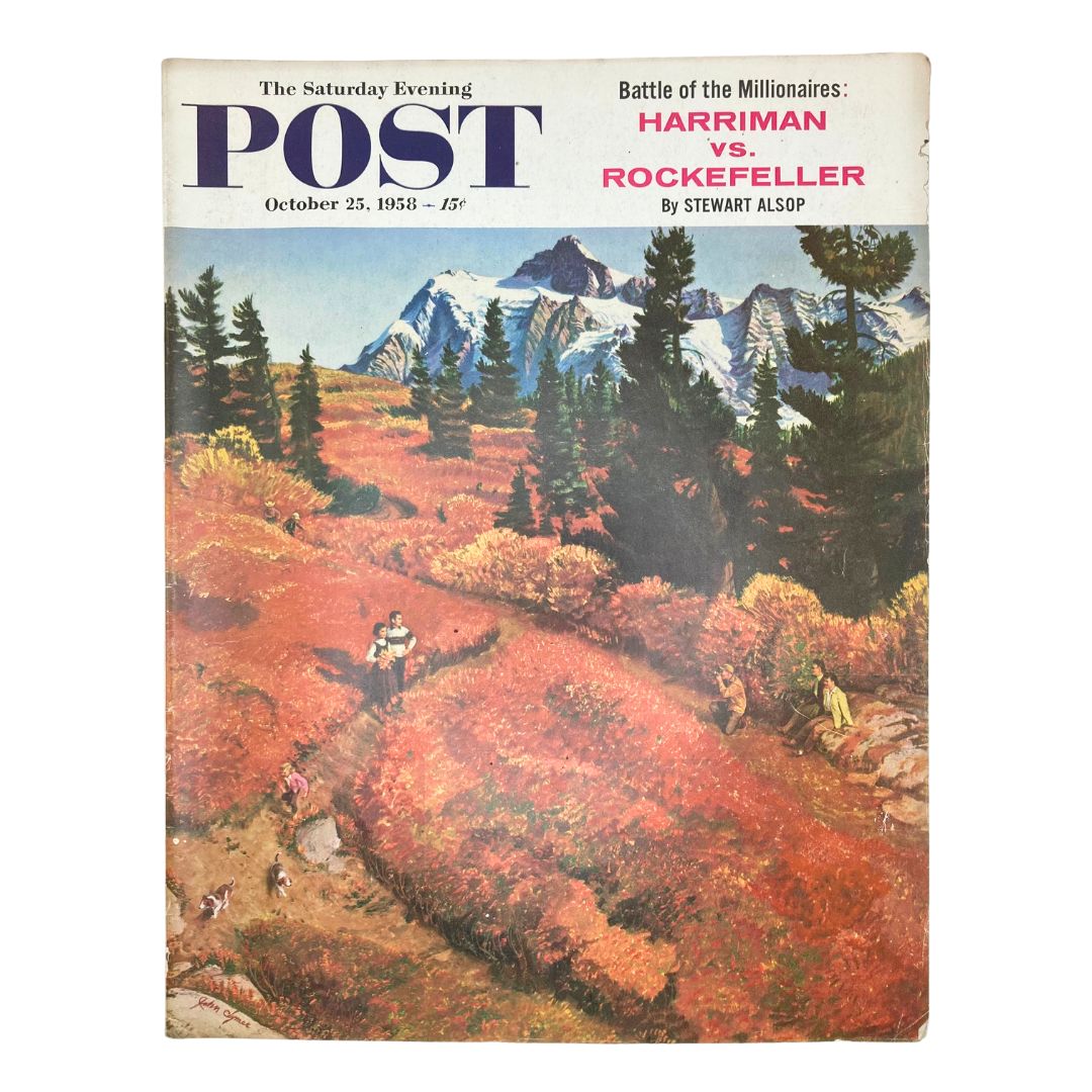 Cover of Saturday Evening Post Magazine, October 25, 1958, featuring vibrant autumn hills and people walking through colorful foliage, titled 'Fiery Hillside' by artist Clymer.