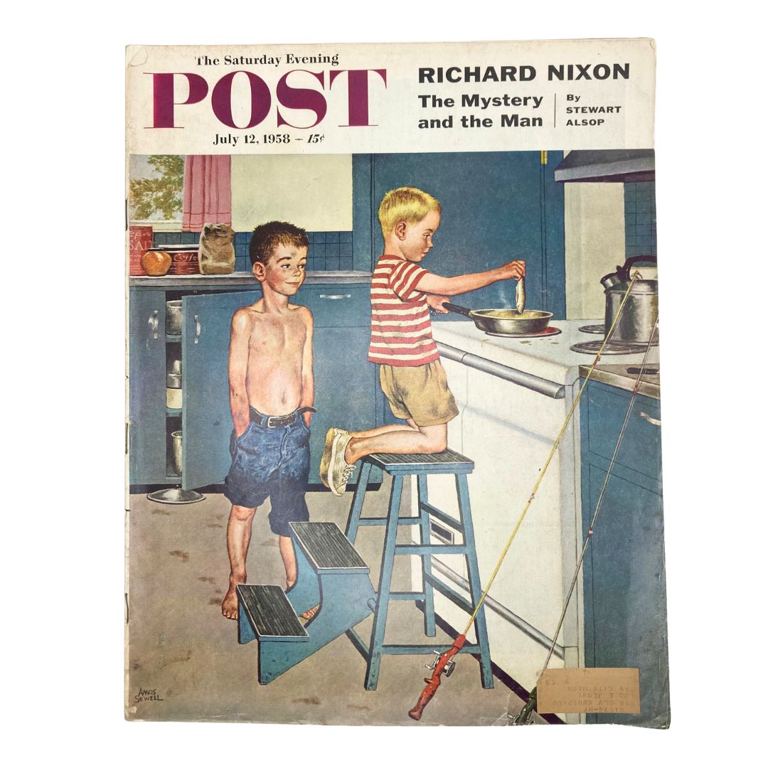 Saturday Evening Post Magazine July 12 1958 cover featuring children in a kitchen, one boy fishing while the other boils something on the stove, illustrated by Amos Sewell.