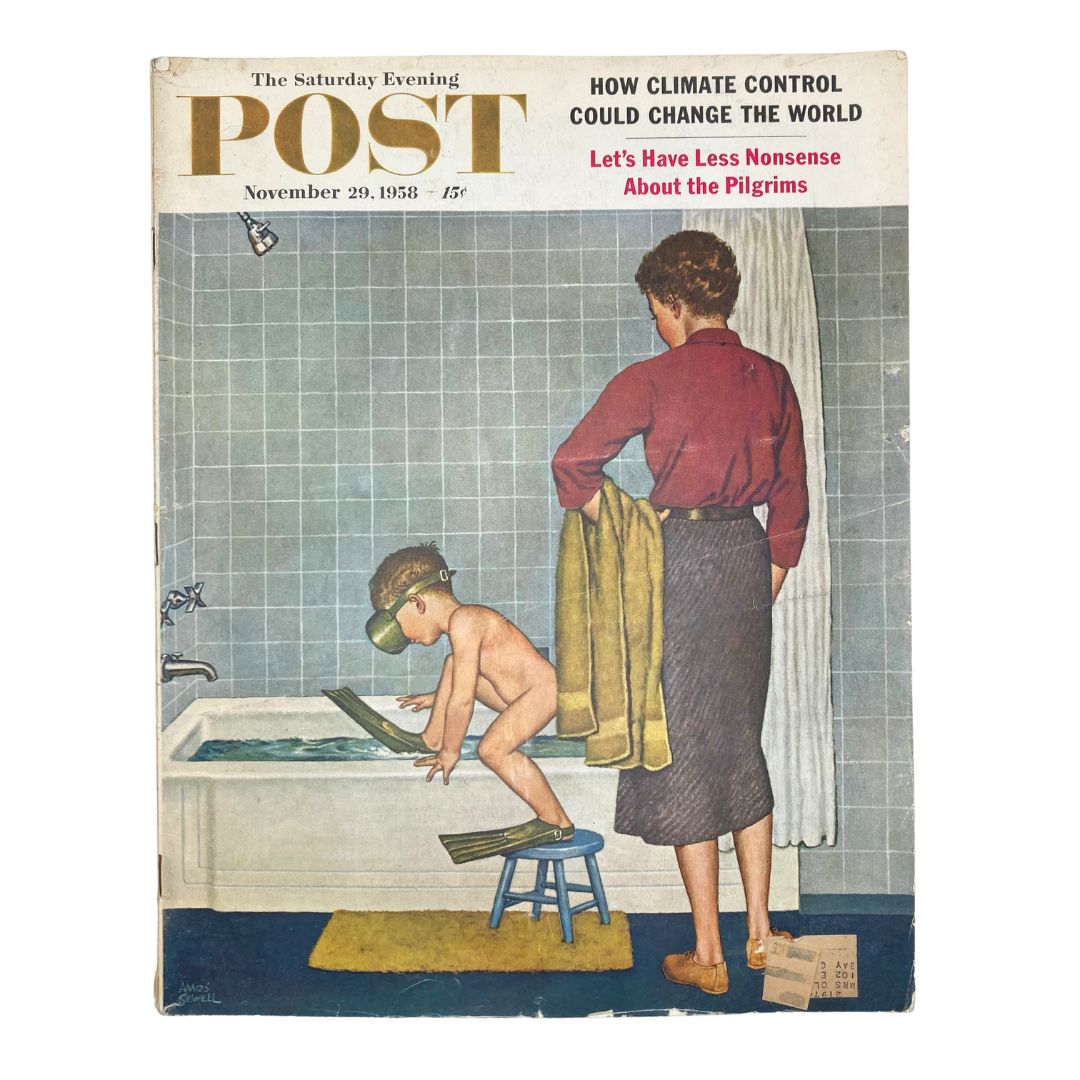 Saturday Evening Post Magazine cover from November 29, 1958, featuring the illustration 'Getting Clean' by Amos Sewell, depicting a humorous bathroom scene with a young boy and a woman.