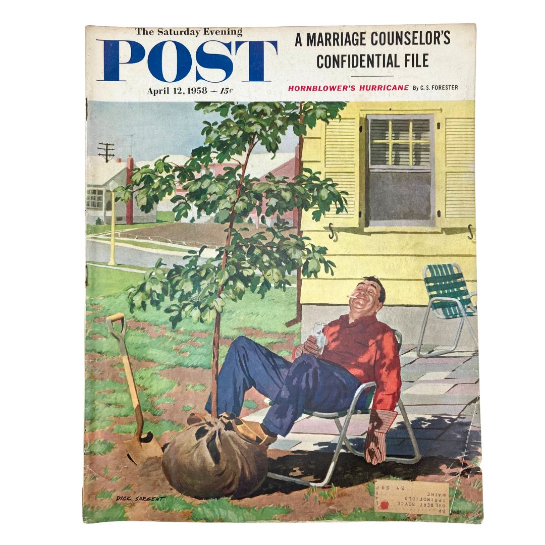 Vintage Saturday Evening Post Magazine April 12, 1958 featuring a cover illustration by Sargent, depicting a man relaxing under a young tree, celebrating Arboy Day.