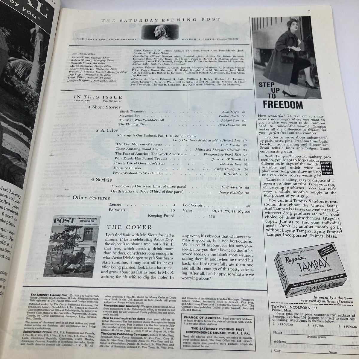 Inside page of the Saturday Evening Post Magazine April 12, 1958 celebrating Arboy Day, showcasing the table of contents and articles featured in the issue.