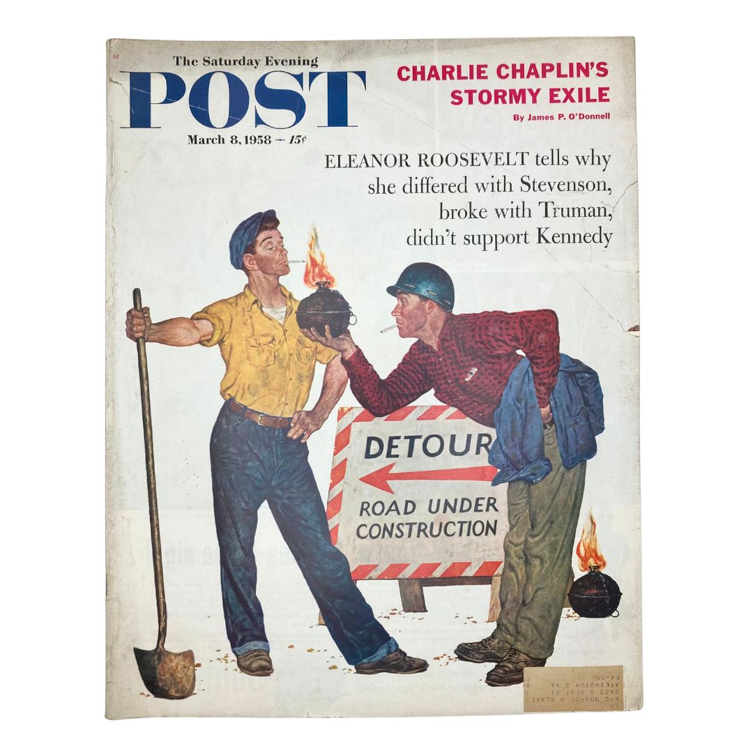 Cover of Saturday Evening Post Magazine March 8, 1958 featuring a captivating illustration by artist Amos Sewell, depicting two gentlemen at a construction site with a humorous sign reading 'Detour'.