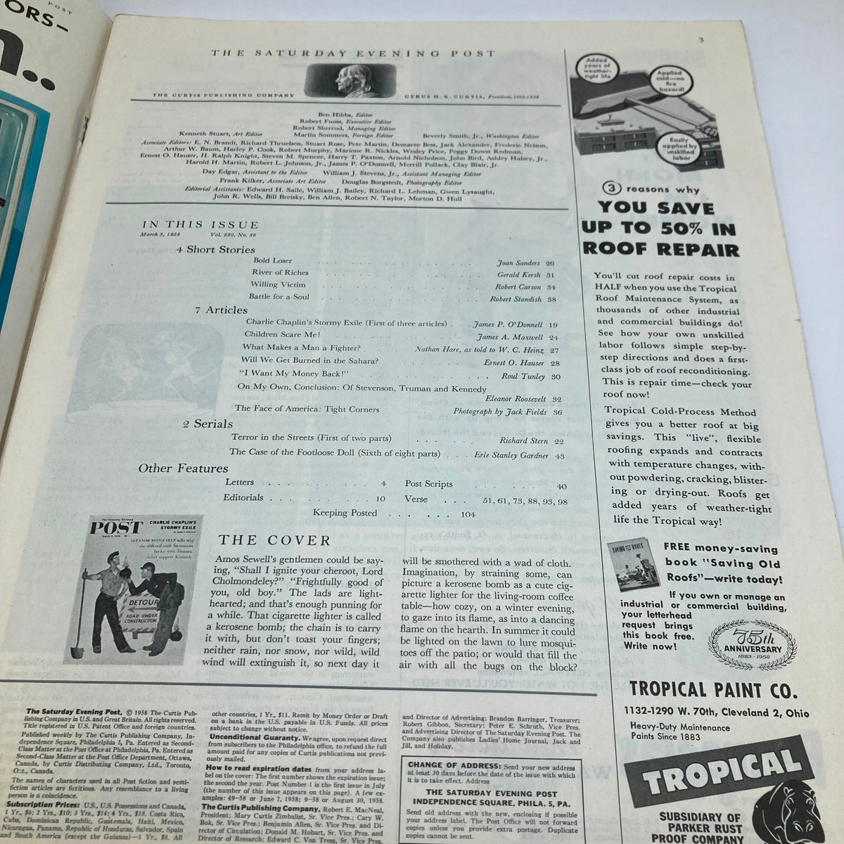 Interior page of the Saturday Evening Post Magazine March 8, 1958 detailing the table of contents, including articles and features from the era, showcasing mid-century American culture.