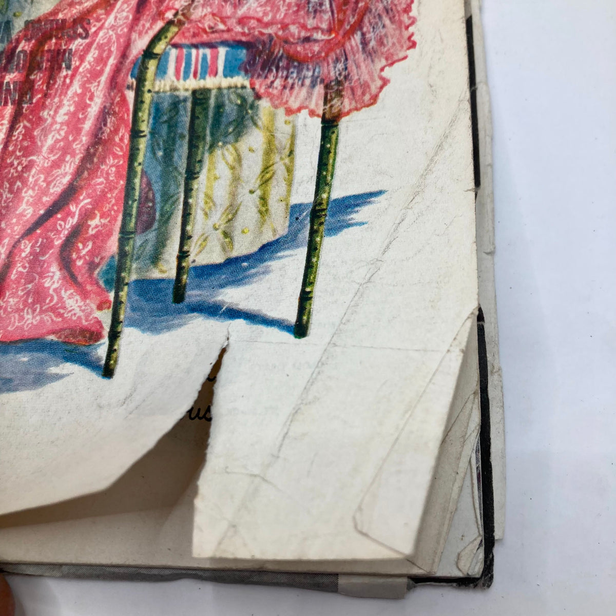 Close-up of a vintage illustration from Saturday Evening Post Magazine May 31 1958 featuring Mrs. Pounds in a colorful dress, highlighting its artistic details and age signs.