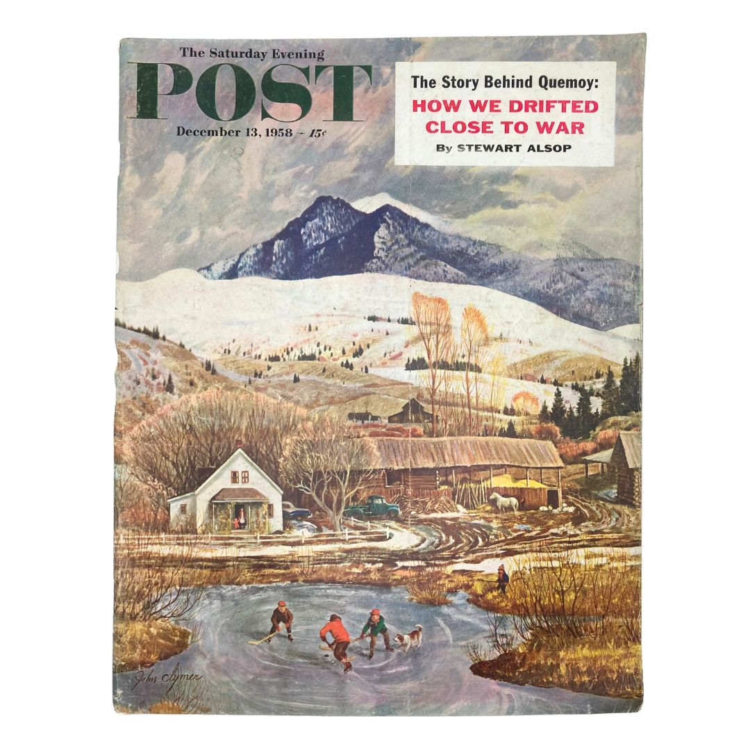 Cover of Saturday Evening Post Magazine December 13, 1958 featuring a winter scene with people ice skating and a snowy mountain background, illustrating Jack & Boreas's work.