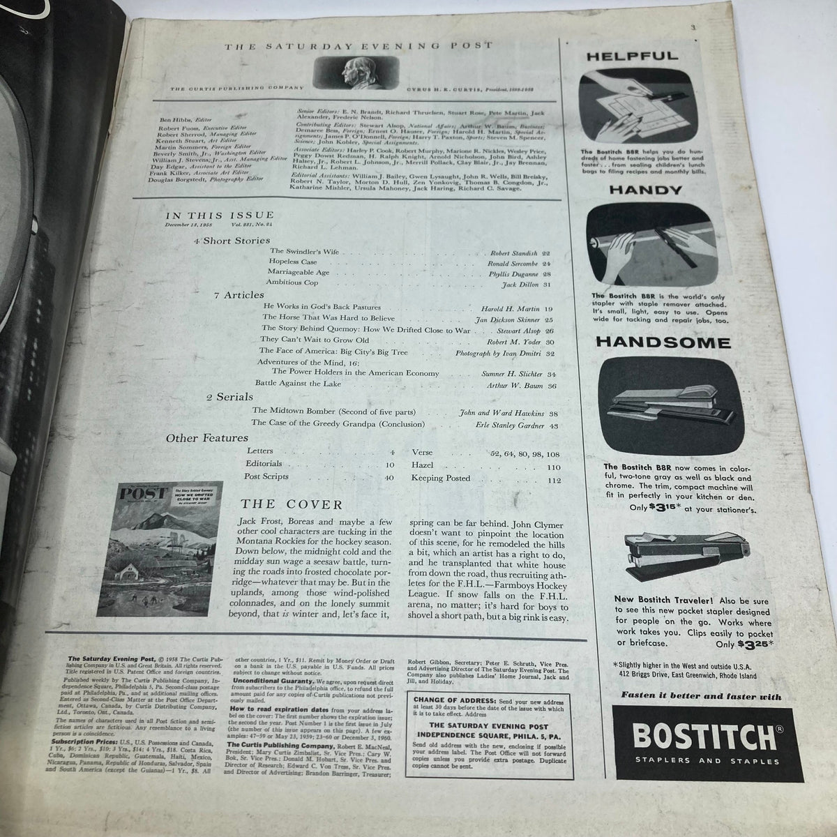 Inside page of Saturday Evening Post Magazine December 13 1958 displaying articles and features with the cover image at the bottom, showcasing a nostalgic glimpse into mid-20th century American culture.