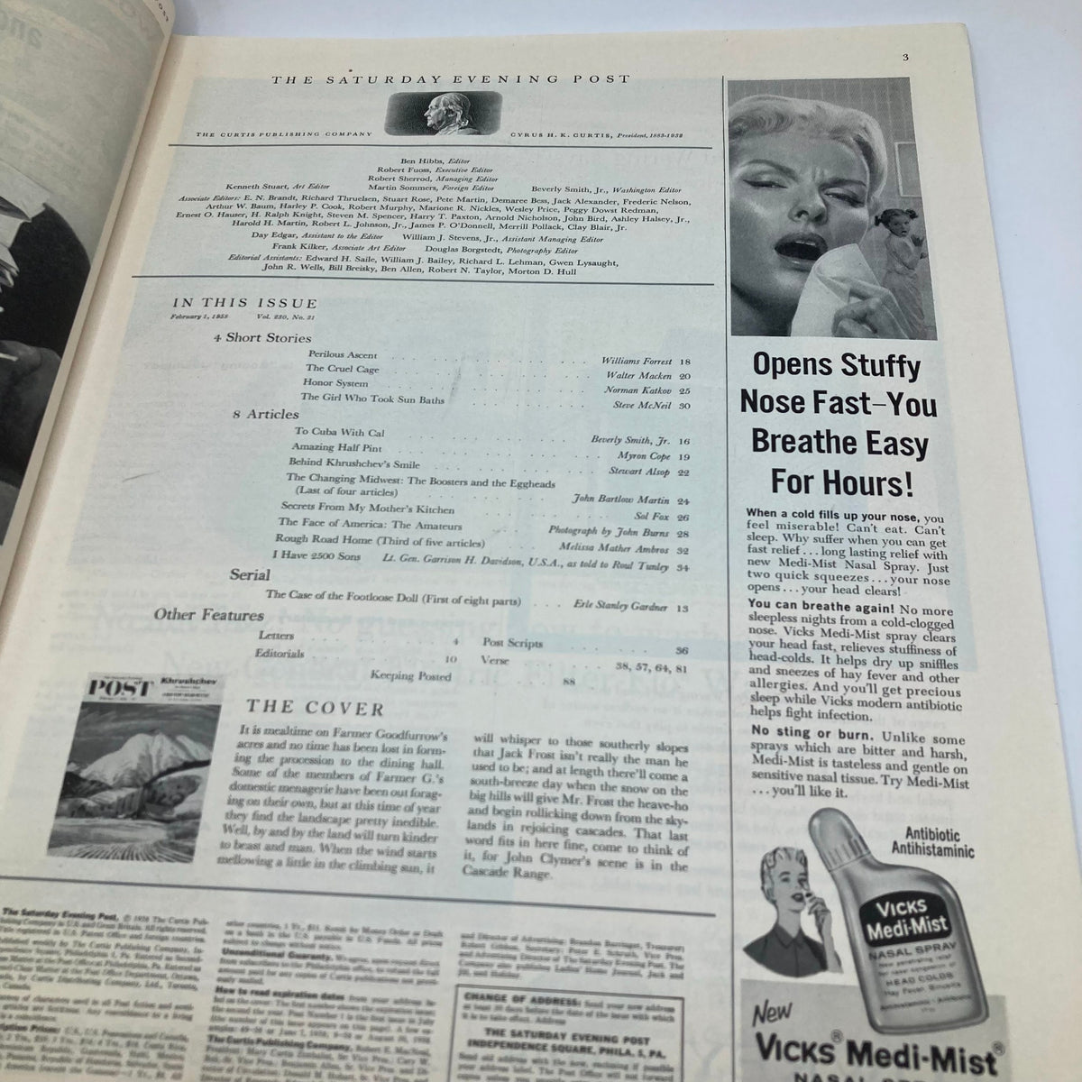 Interior page of the Saturday Evening Post Magazine from February 1, 1958, showcasing articles and advertisements, including a section on opening stuffy noses and a detailed overview of the issue's content.