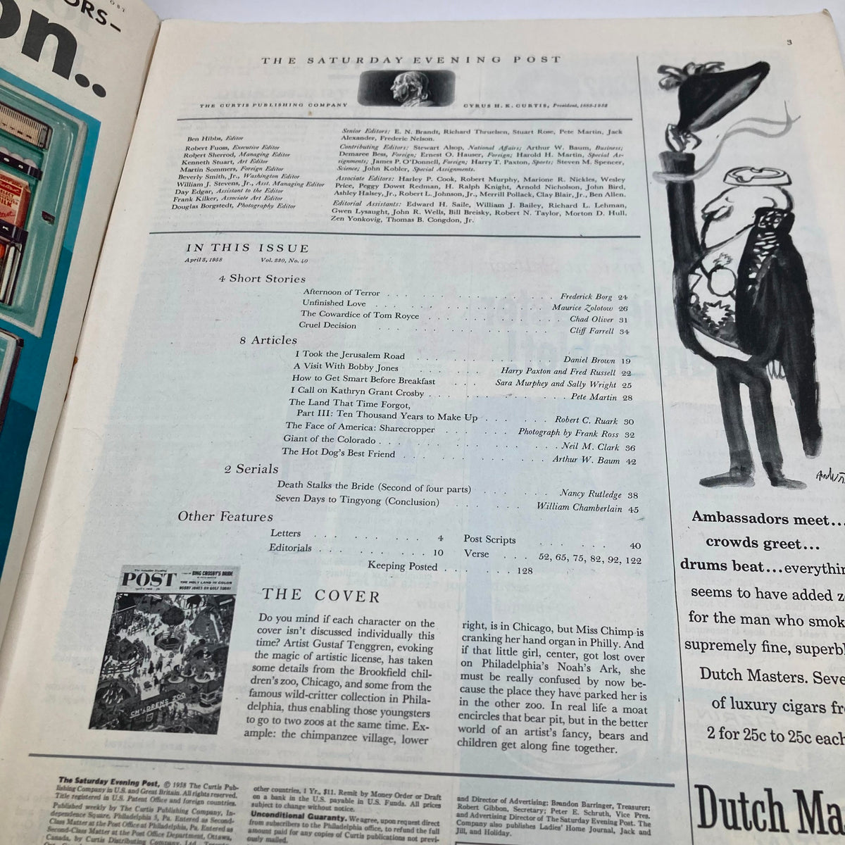 Interior page of the Saturday Evening Post Magazine April 5, 1958 displaying the table of contents and features of the issue, highlighting notable articles and illustrations.