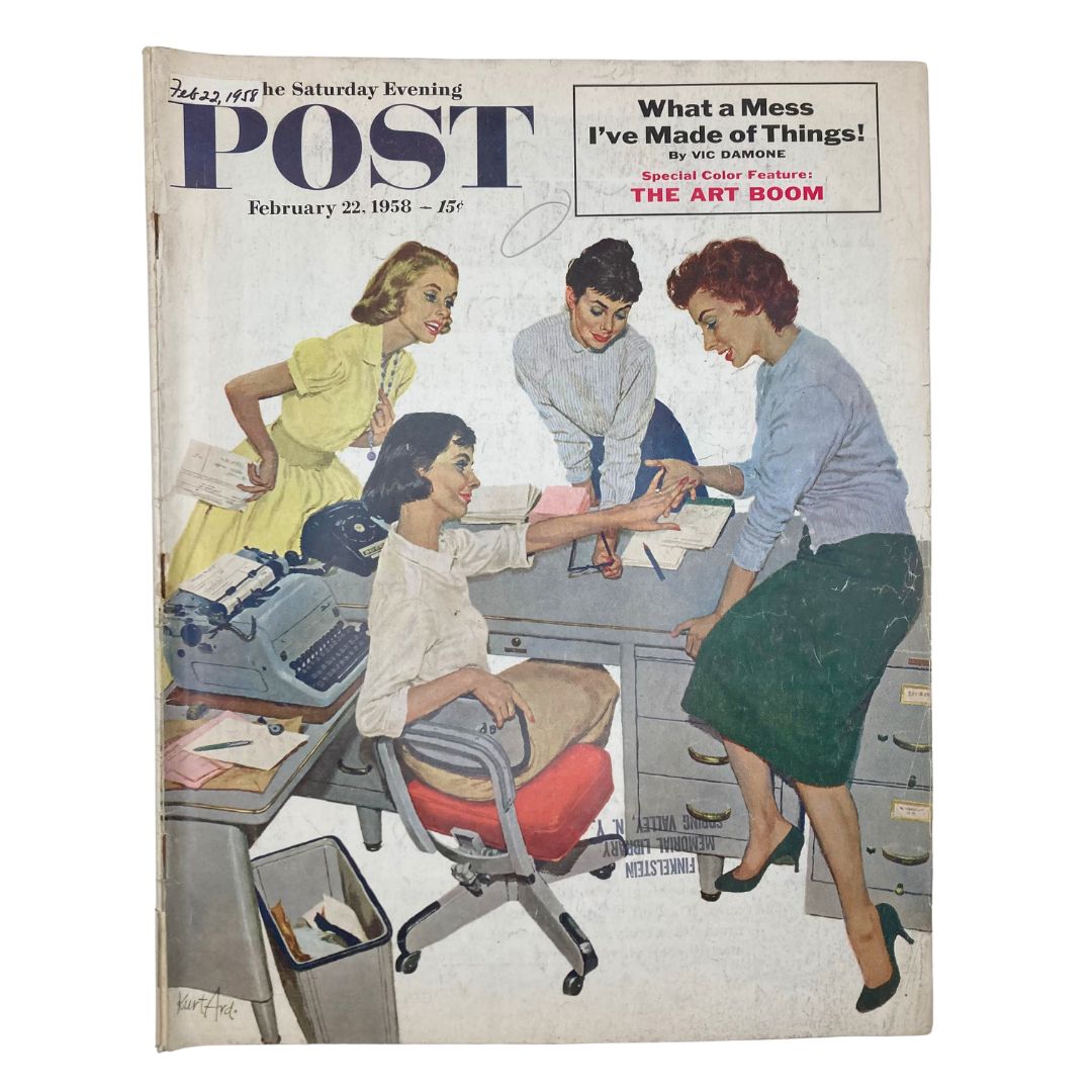Cover of the Saturday Evening Post Magazine February 22, 1958, featuring an illustration by Kurt showing four women in a vintage office setting.