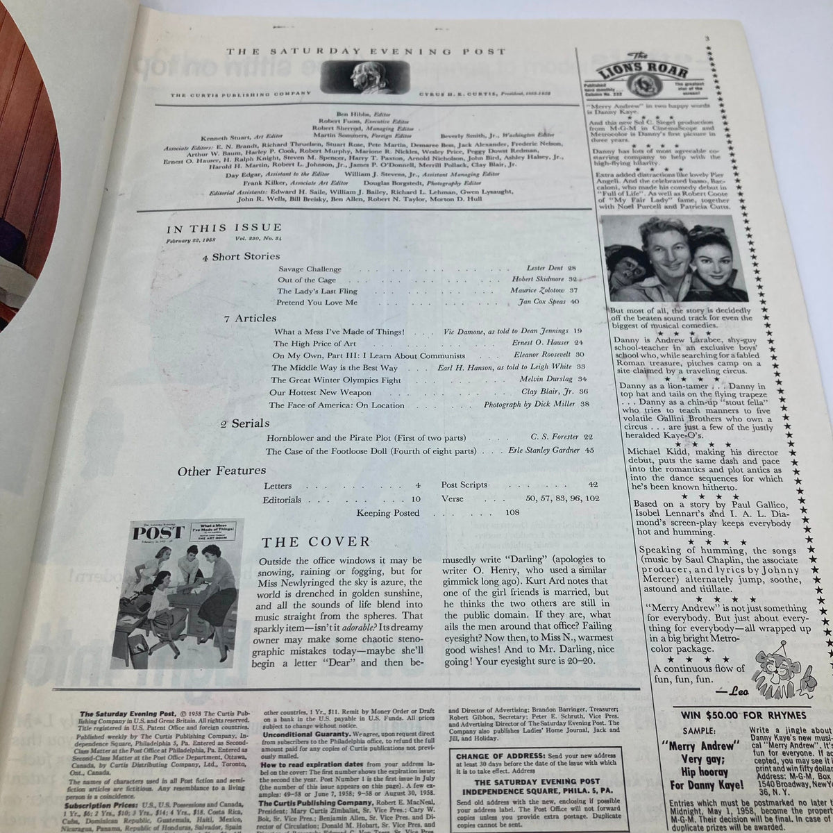 Interior page of the Saturday Evening Post Magazine February 22, 1958, displaying the table of contents and features for this vintage magazine edition.