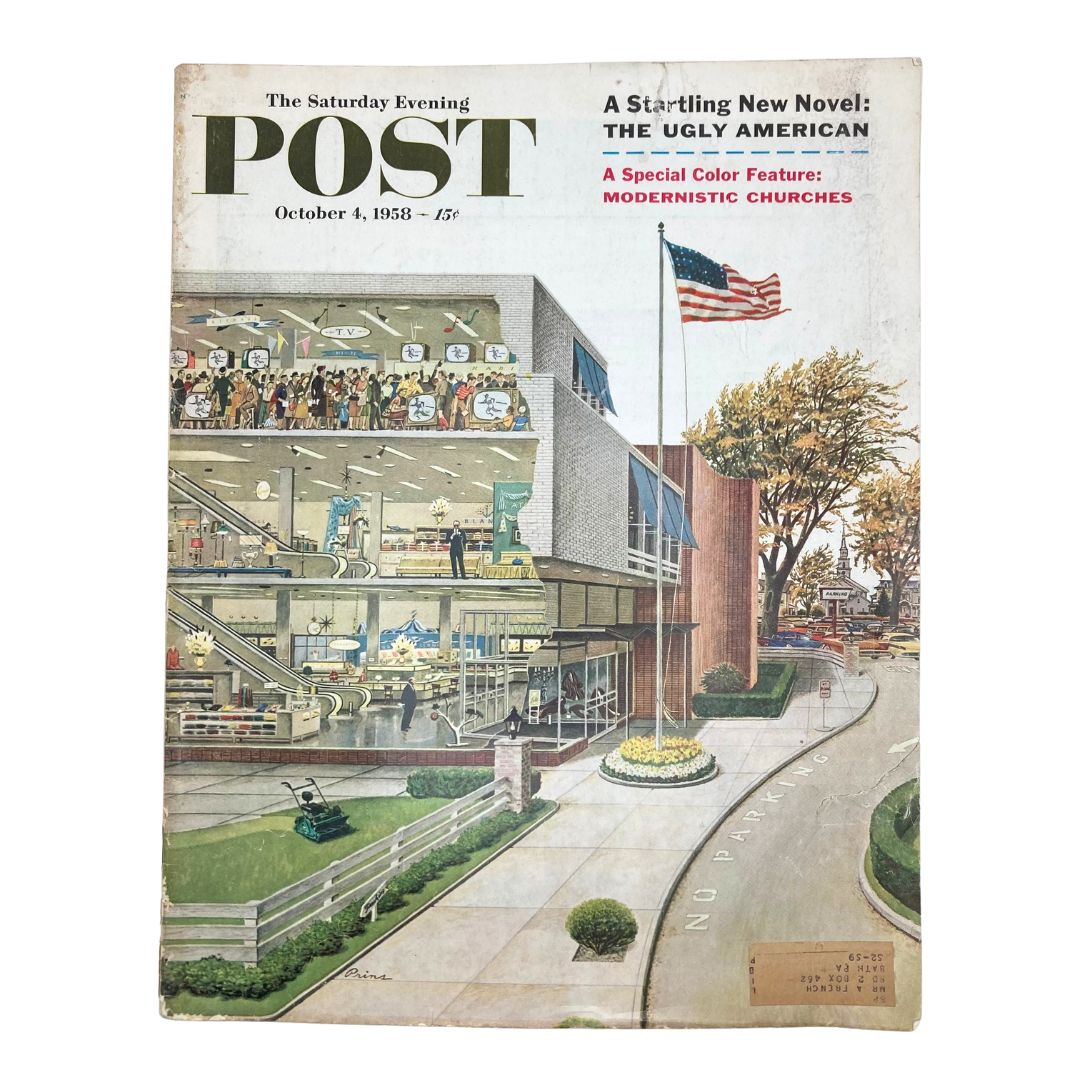Cover of the Saturday Evening Post Magazine from October 4, 1958 featuring an illustration by Ben Prins showcasing a modern retail scene, complemented by an American flag and reflecting the cultural aspects of the late 1950s.