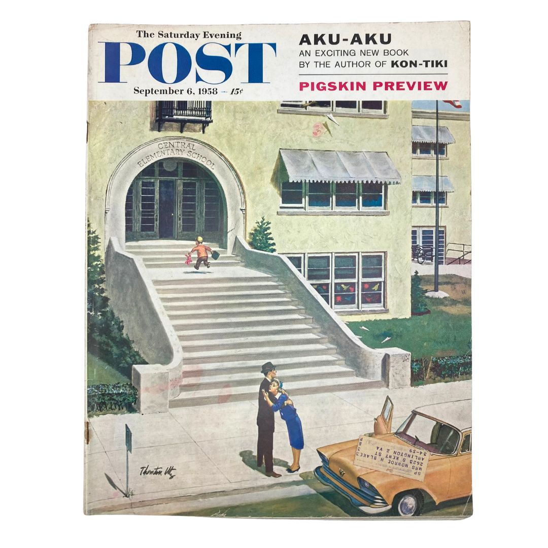 Cover of the Saturday Evening Post Magazine from September 7, 1958, titled 'First Day of School' featuring a nostalgic illustration by artist Utz, depicting a school scene and children preparing for educational adventures.
