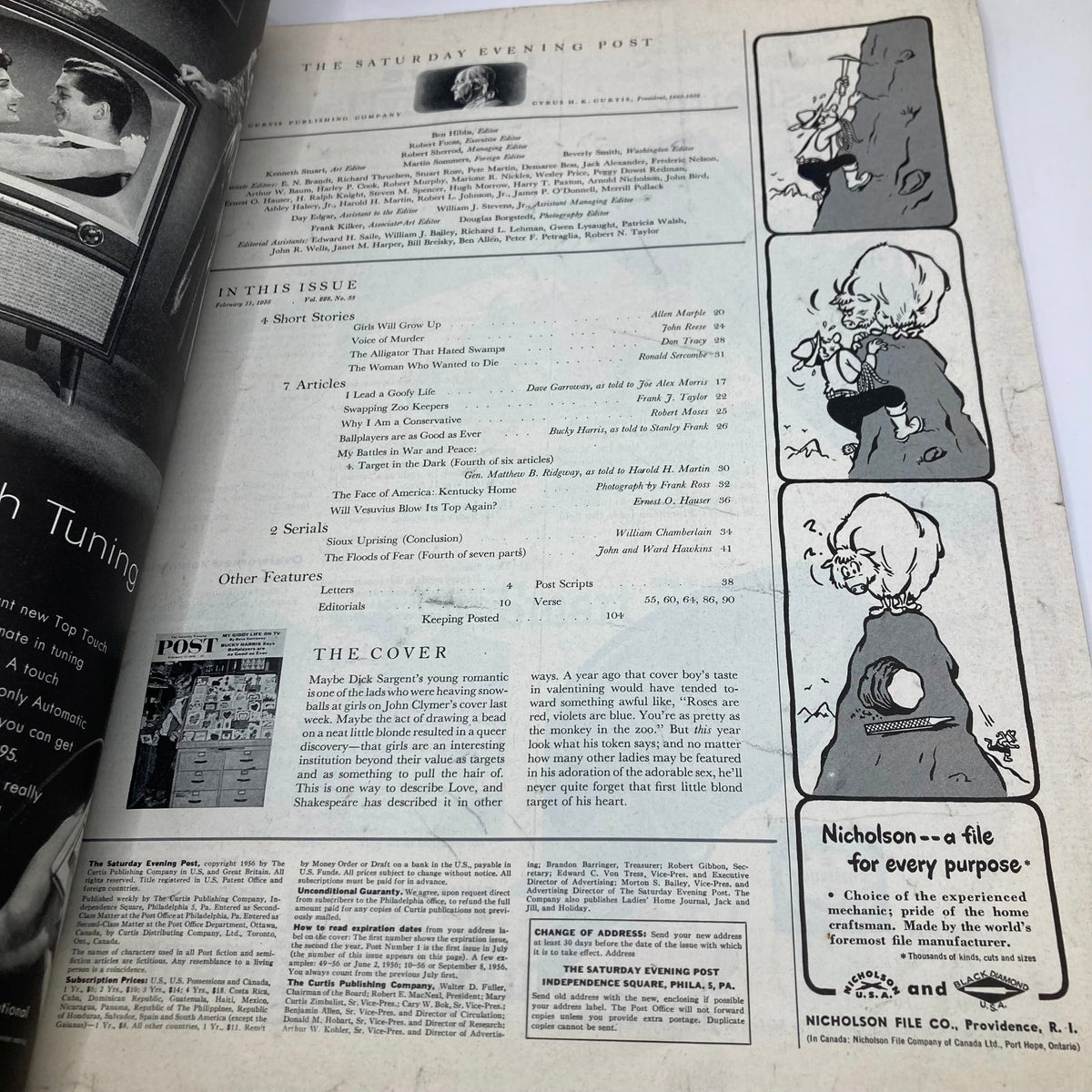 Contents page of the Saturday Evening Post Magazine February 11 1956, listing articles and features including 'My Giddy Life on TV' by Dave Garroway.