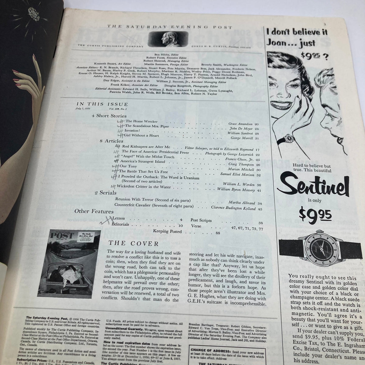 Inside page of the Saturday Evening Post Magazine July 7, 1956 detailing the contents of the issue, including articles and a preview of the cover artwork.