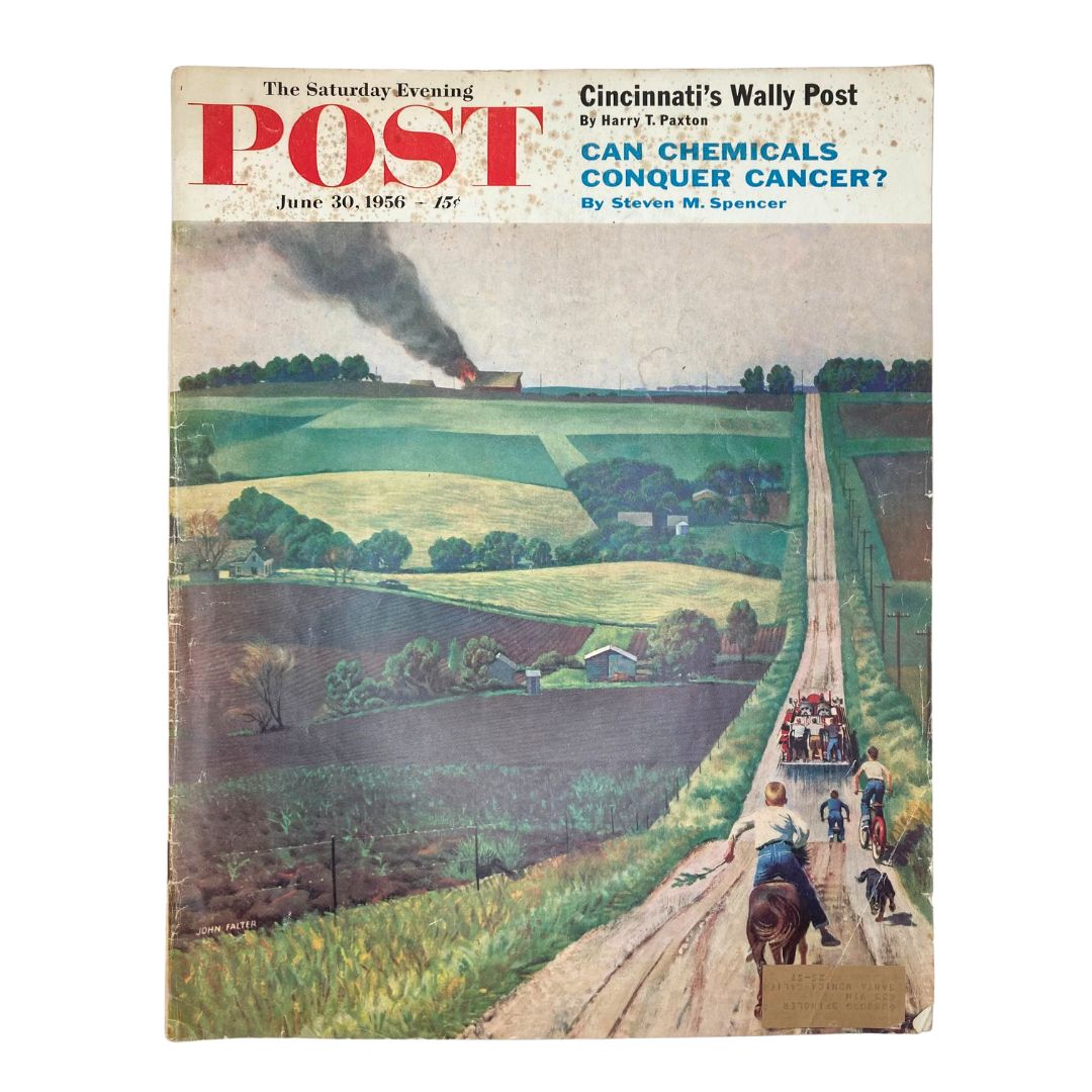 Cover of Saturday Evening Post Magazine June 30, 1956 featuring artwork "From This Hilltop" by John Falter, depicting a scenic countryside with a road and fields.