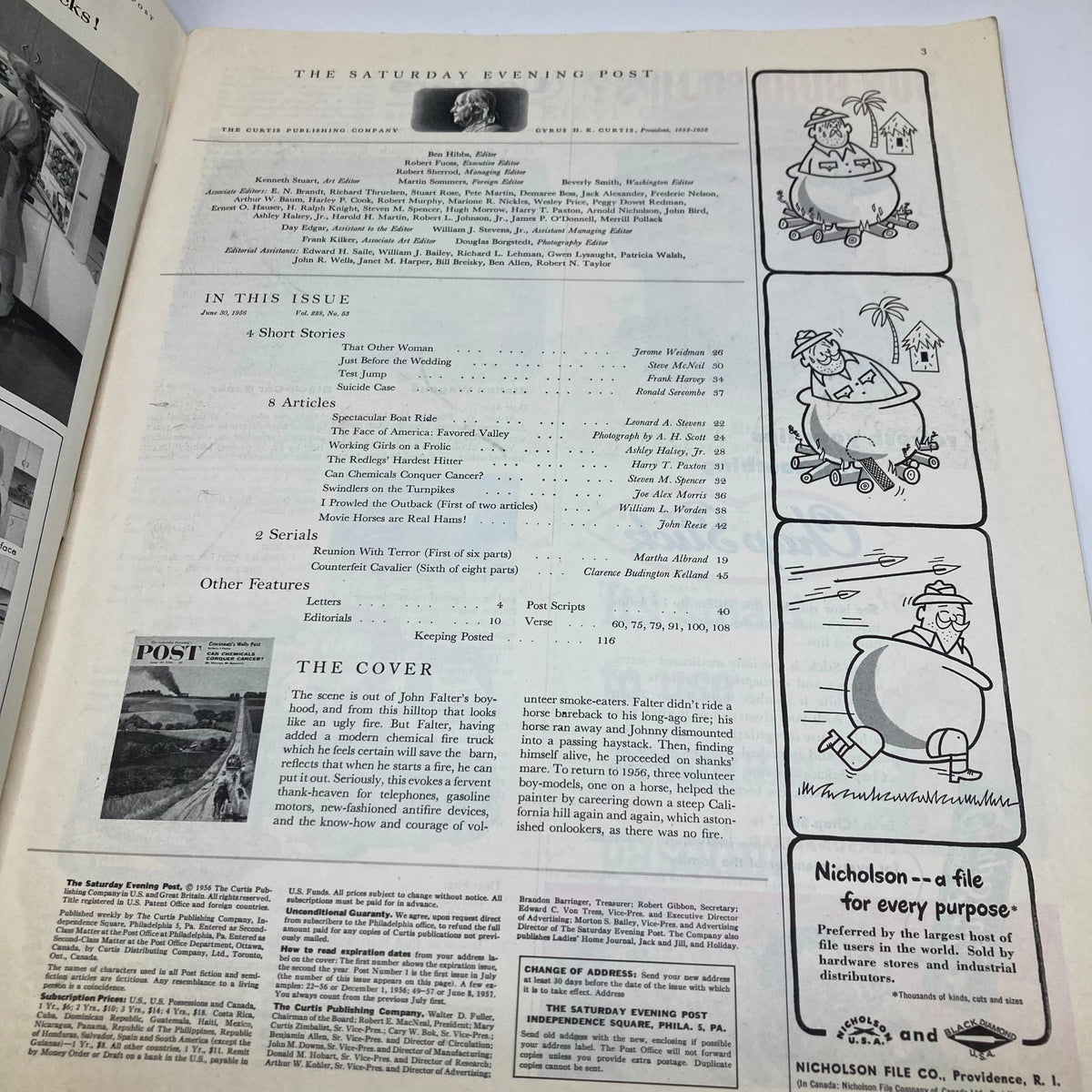 Inside page of the Saturday Evening Post Magazine June 30, 1956 showcasing the table of contents and details about the cover art by John Falter.