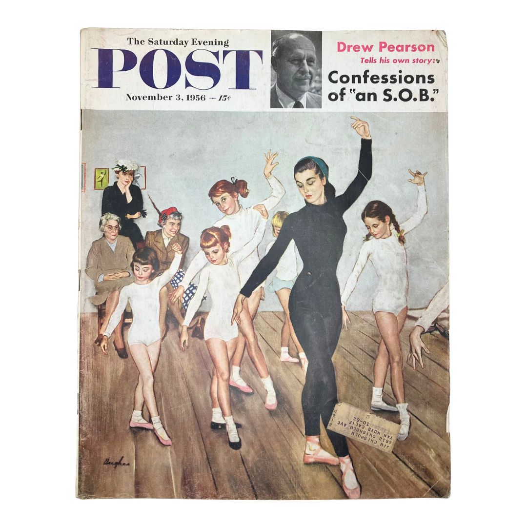 Cover of Saturday Evening Post Magazine November 3, 1956 featuring dancers in ballet attire during a rehearsal, with a focus on a graceful ballet instructor guiding young performers.