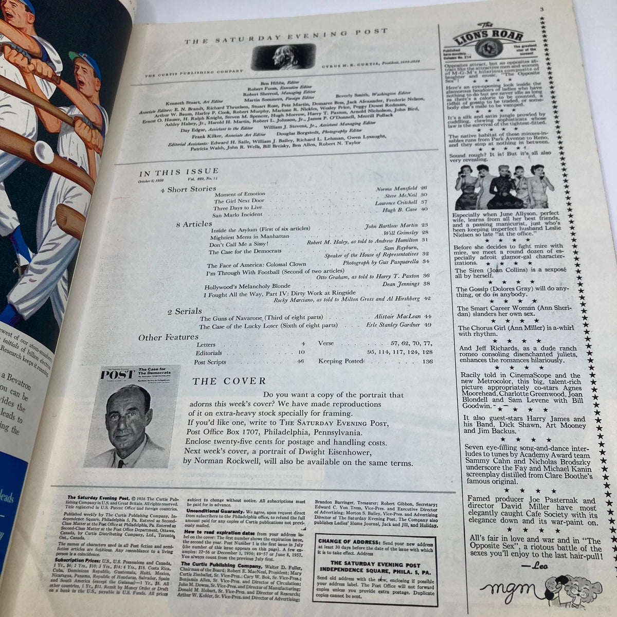 Interior page of the Saturday Evening Post Magazine from October 6, 1956, detailing articles and features, including the cover artwork by Norman Rockwell.