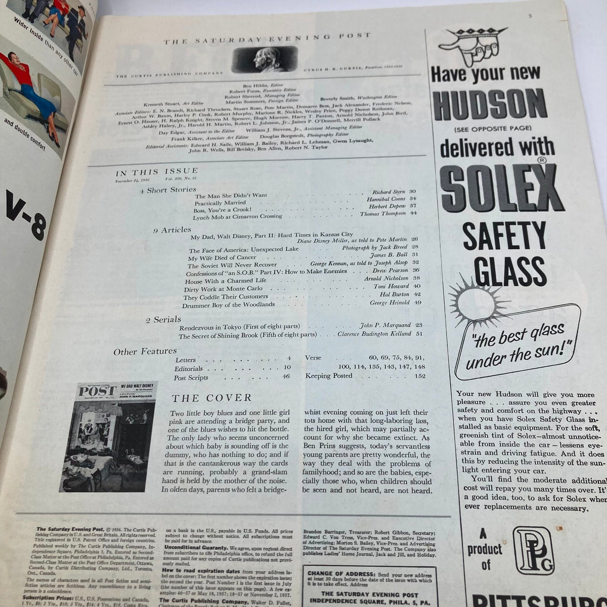Interior page of Saturday Evening Post Magazine, November 24, 1956 displaying articles and features including a piece on 'My Dad, Walt Disney' and captivating period advertisements.