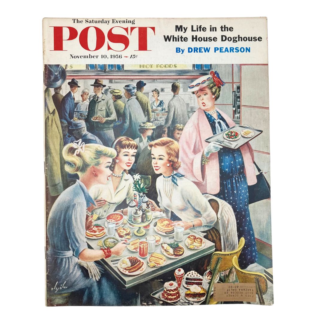 Cover of the Saturday Evening Post Magazine from November 10, 1956, featuring a colorful illustration of women enjoying a meal in a cafe, highlighting the era's cultural charm.