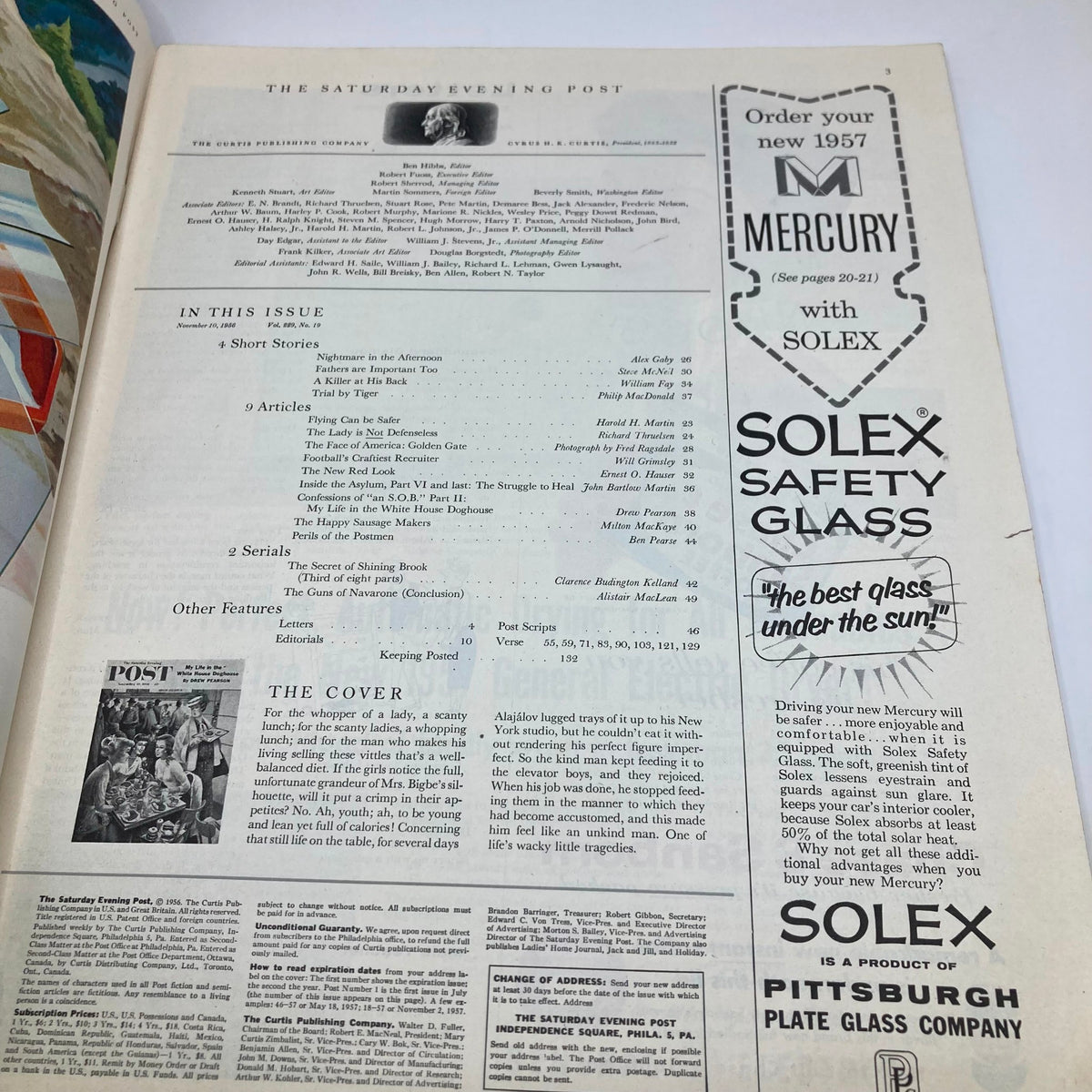 Inner pages of the Saturday Evening Post Magazine from November 10, 1956, showcasing articles and features, including a teaser about the cover story.