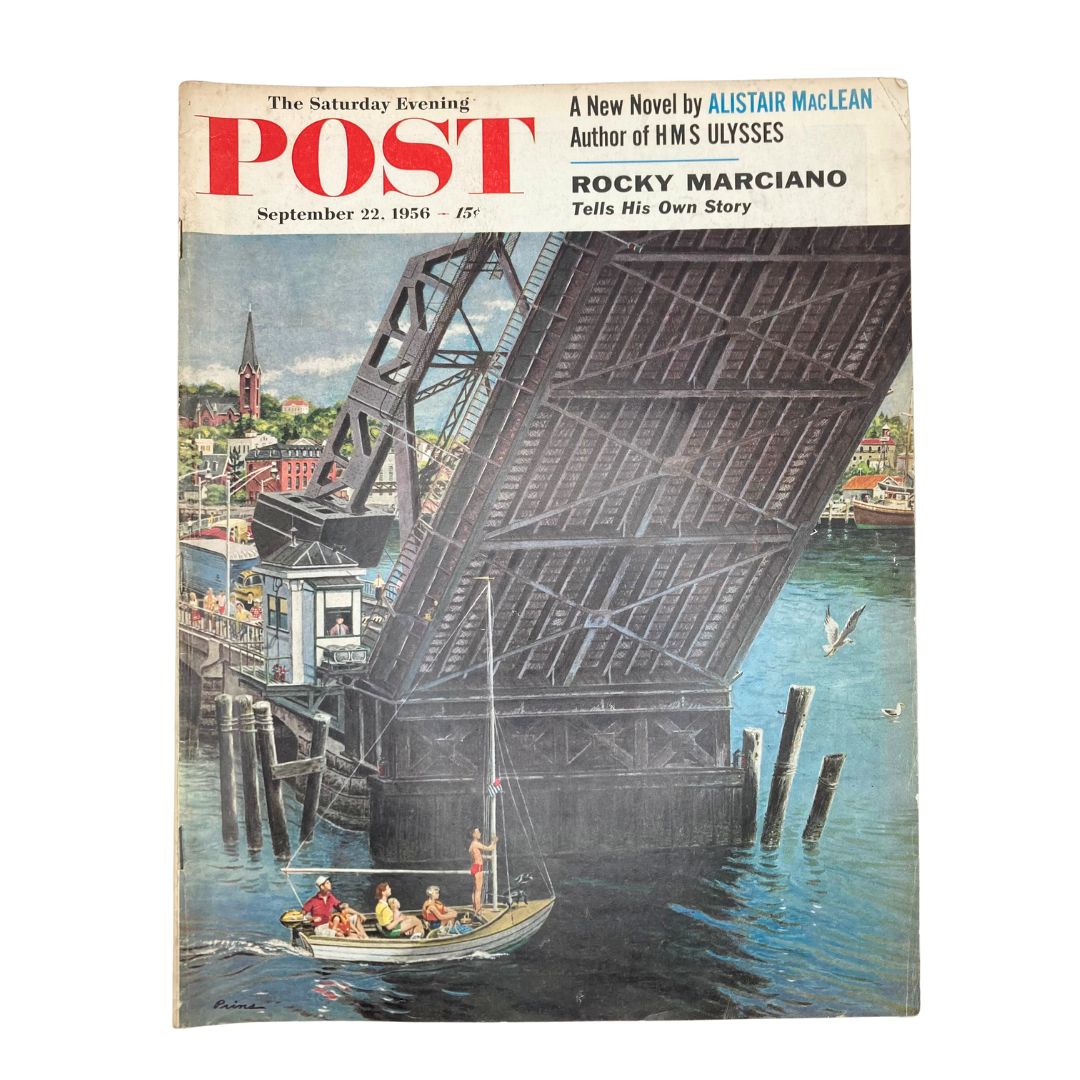 Cover of the Saturday Evening Post Magazine from September 22, 1956, featuring an illustration of a bridge and a boat, highlighting the mid-20th century Americana style.