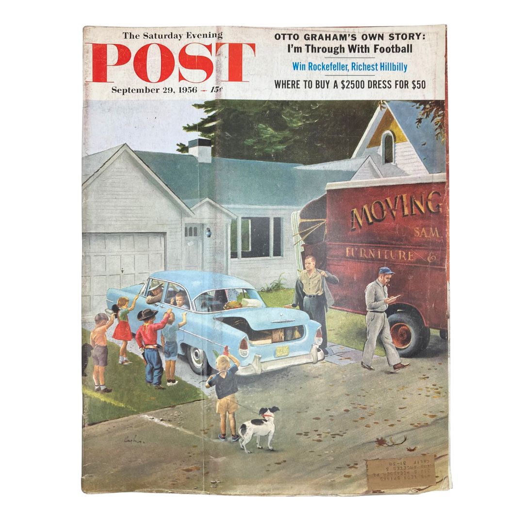 Cover of Saturday Evening Post Magazine from September 29, 1956 featuring an illustration of a family moving to a new house with a blue car in the front yard.