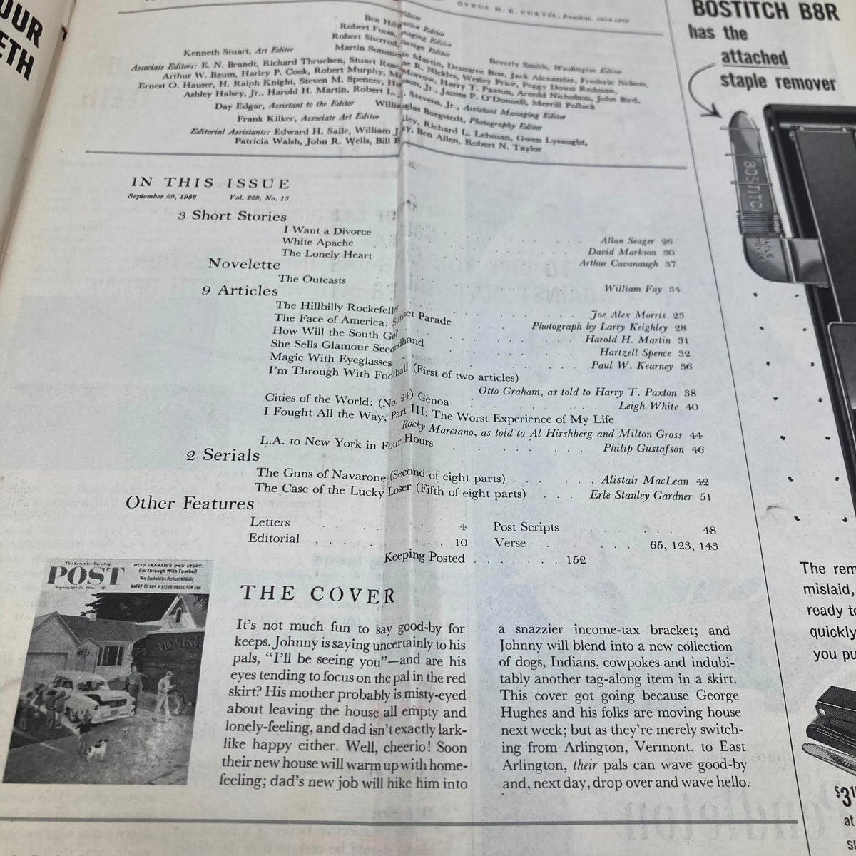 Table of contents page from the September 29, 1956 Saturday Evening Post magazine listing featured stories and articles including 'I'm Through With Football' by Otto Graham.