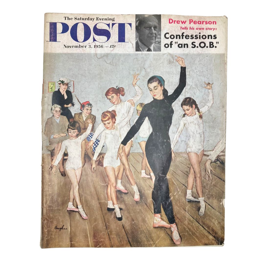 Cover of the Saturday Evening Post Magazine, November 3, 1956, featuring ballet dancers in a rehearsal led by a ballerina in a black outfit, showcasing art by Hughes.