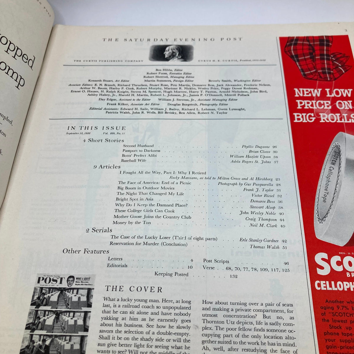 Inside page of the Saturday Evening Post Magazine, September 15, 1956, listing stories and articles featured in the issue, highlighting its vintage character.
