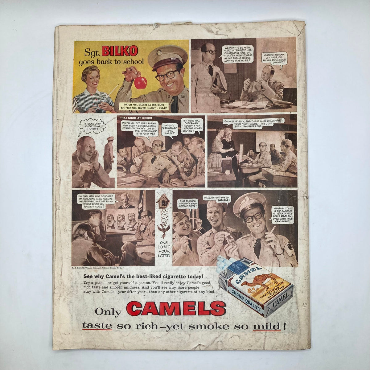 Back cover of the Saturday Evening Post Magazine, September 15, 1956, featuring an advertisement for Camel cigarettes with a humorous comic strip involving Sgt. Bilko.