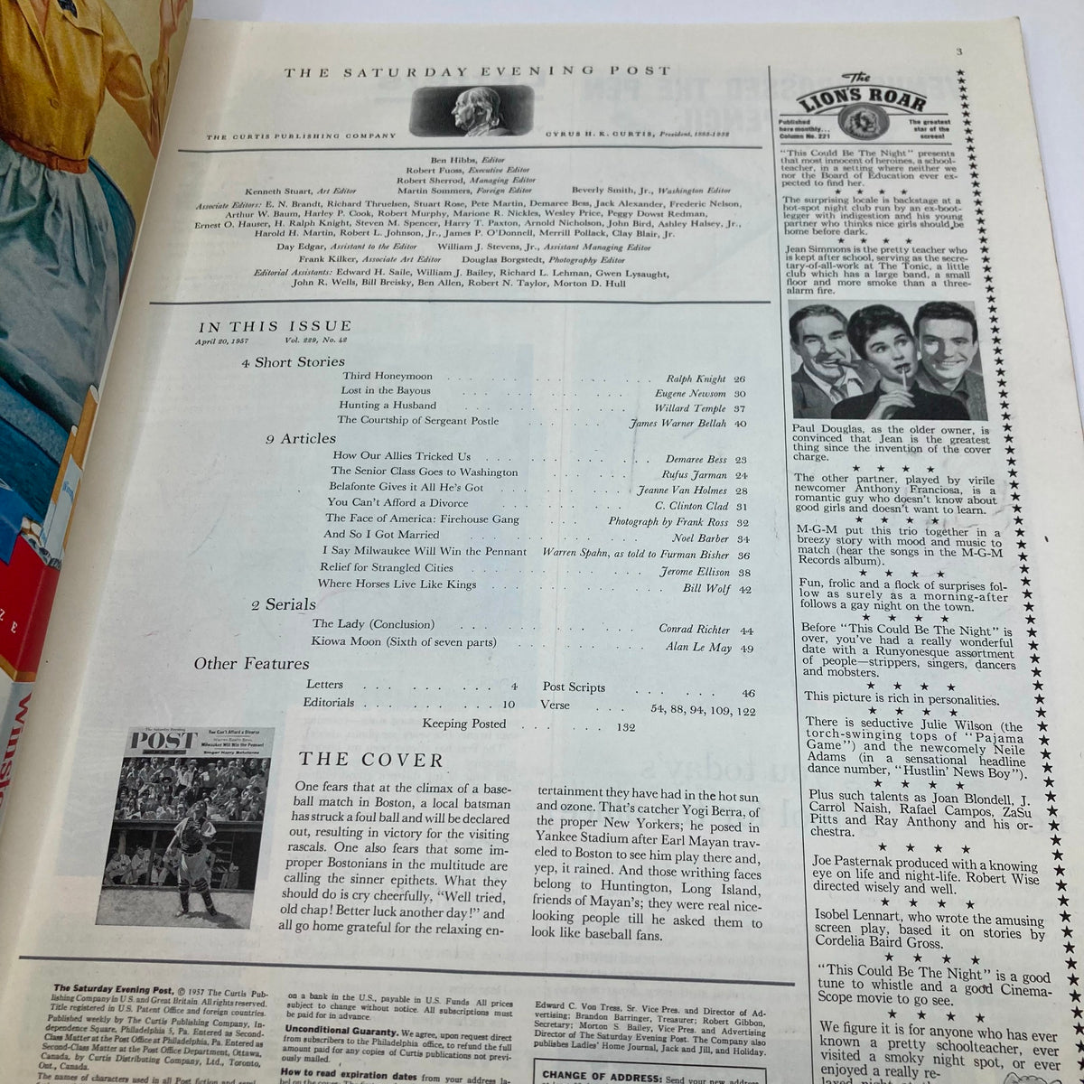 Interior page of Saturday Evening Post Magazine from April 20, 1957, detailing articles and features, with a focus on the baseball cover story.