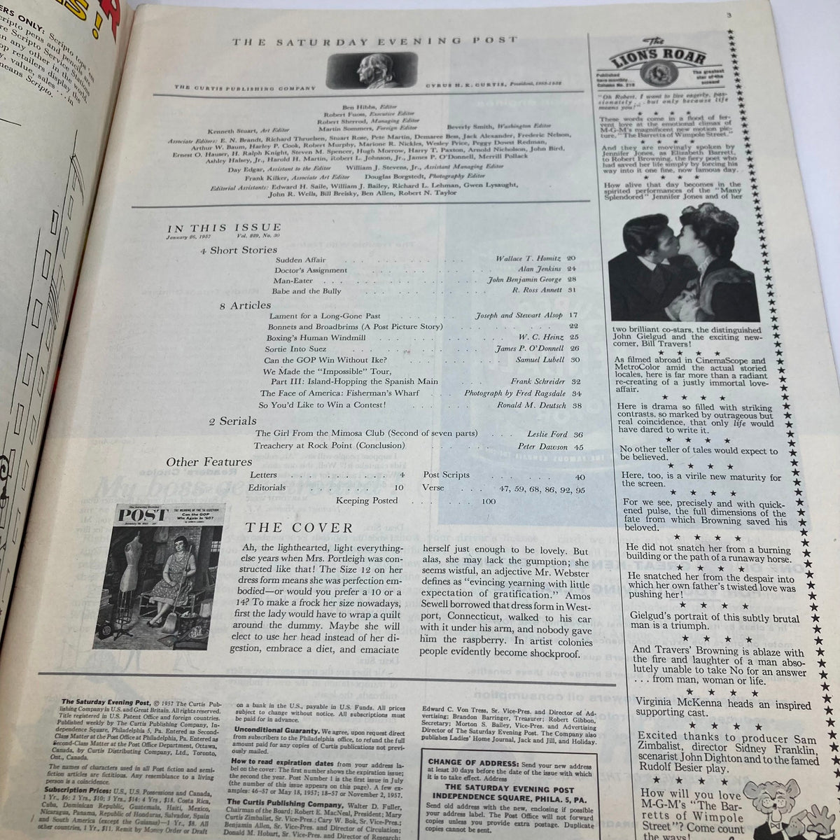 Inside page of Saturday Evening Post Magazine January 26 1957, showcasing articles and features including a highlight of the cover with Mrs. Portleigh.