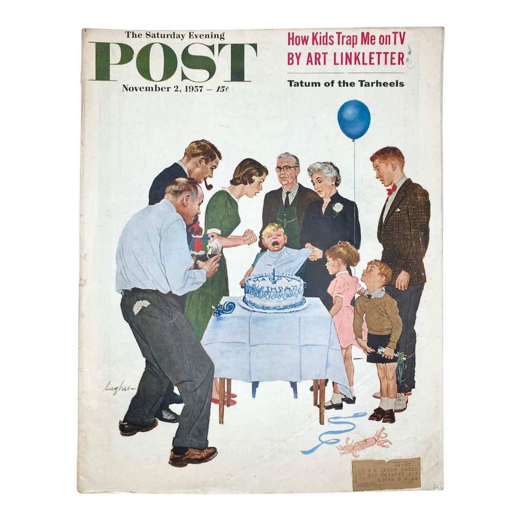 Saturday Evening Post Magazine November 2 1957 cover featuring a family birthday celebration scene with children and adults around a cake by George Hughes.