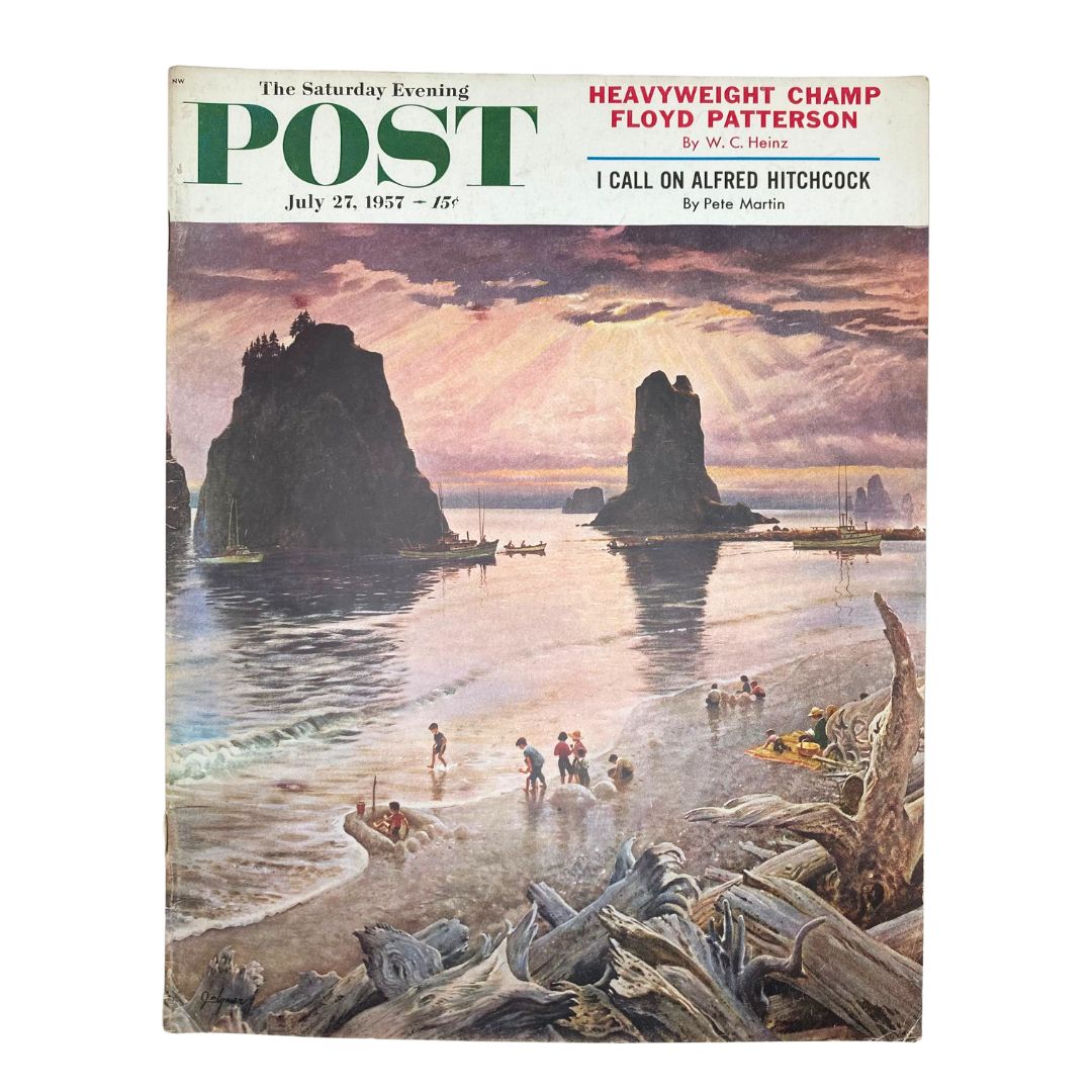 Cover of Saturday Evening Post Magazine July 27, 1957 featuring thematic artwork titled 'Inland America' by artist Clymer, depicting a coastal scene with children playing on the beach and scenic rock formations.
