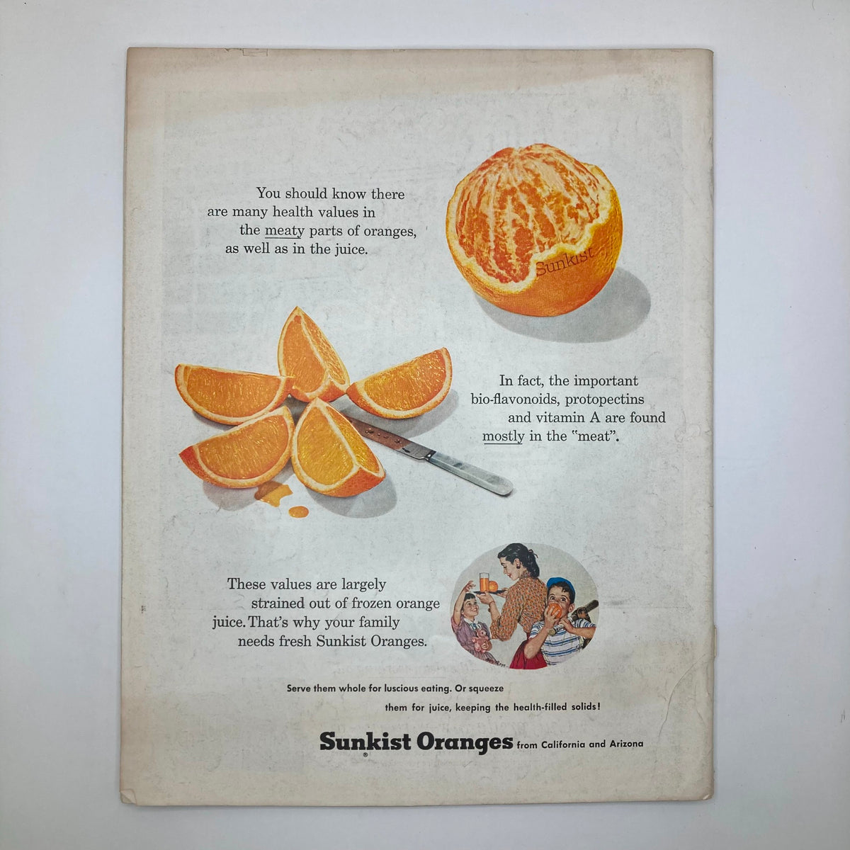 Sunkist Oranges advertisement from the Saturday Evening Post Magazine July 27 1957, showcasing health benefits of fresh oranges with vibrant illustrations and informative text.
