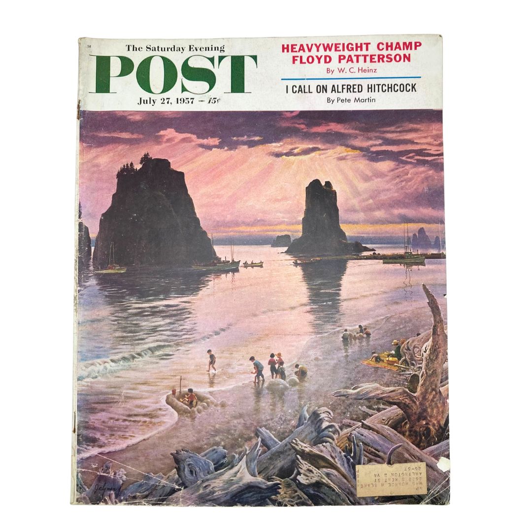 Cover of Saturday Evening Post Magazine from July 27, 1957 featuring 'Glories of Inland America', showcasing a scenic landscape with people at the beach, dramatic rock formations, and a vibrant sunset.