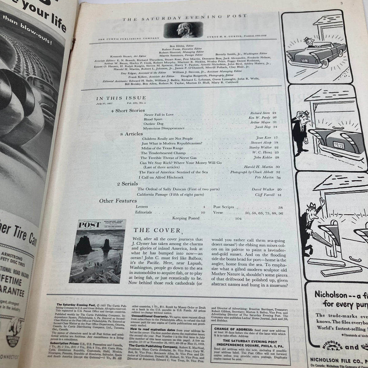 Interior page of the Saturday Evening Post Magazine July 27 1957 Glories of Inland America featuring an overview of contents and articles within the issue.
