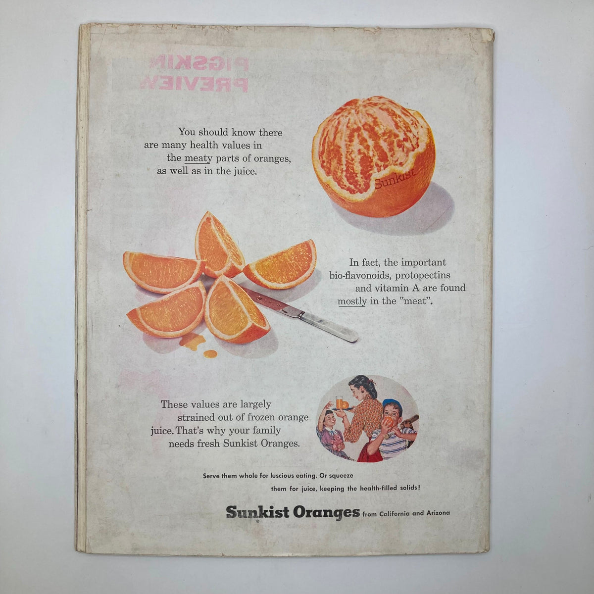 Back cover of the Saturday Evening Post Magazine July 27 1957 Glories of Inland America showcasing an advertisement for Sunkist Oranges with a vibrant illustration and health benefits.