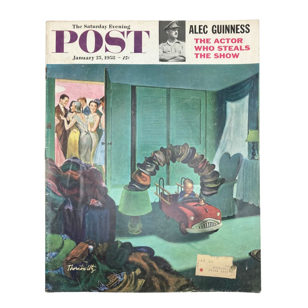 Cover of the Saturday Evening Post Magazine from January 25, 1958, featuring artwork titled 'Grown-Up Social' by Thornton Utz, depicting a child in a toy car surrounded by adults at a social gathering.