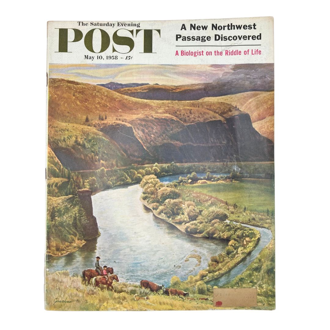 Cover of the Saturday Evening Post Magazine from May 10, 1958 featuring 'The Yakima River' illustration by John Clymer, showcasing serene landscape and nature.