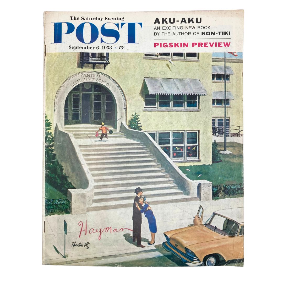 Saturday Evening Post Magazine September 6 1958 cover featuring a retro illustration of a couple outside a school, representing the nostalgia of the late 1950s.