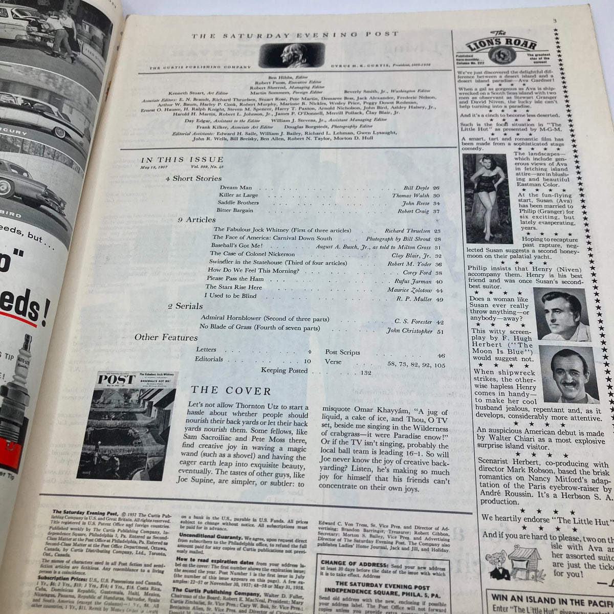 Inside page of the Saturday Evening Post Magazine, May 18, 1957, featuring a table of contents and text layout discussing articles and features.