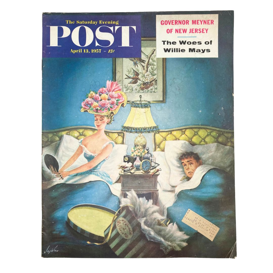 Cover of Saturday Evening Post Magazine April 13 1957 featuring artwork titled Madam a Chapeau by Alajalov, depicting a woman with a flower-adorned hat in a bedroom setting.