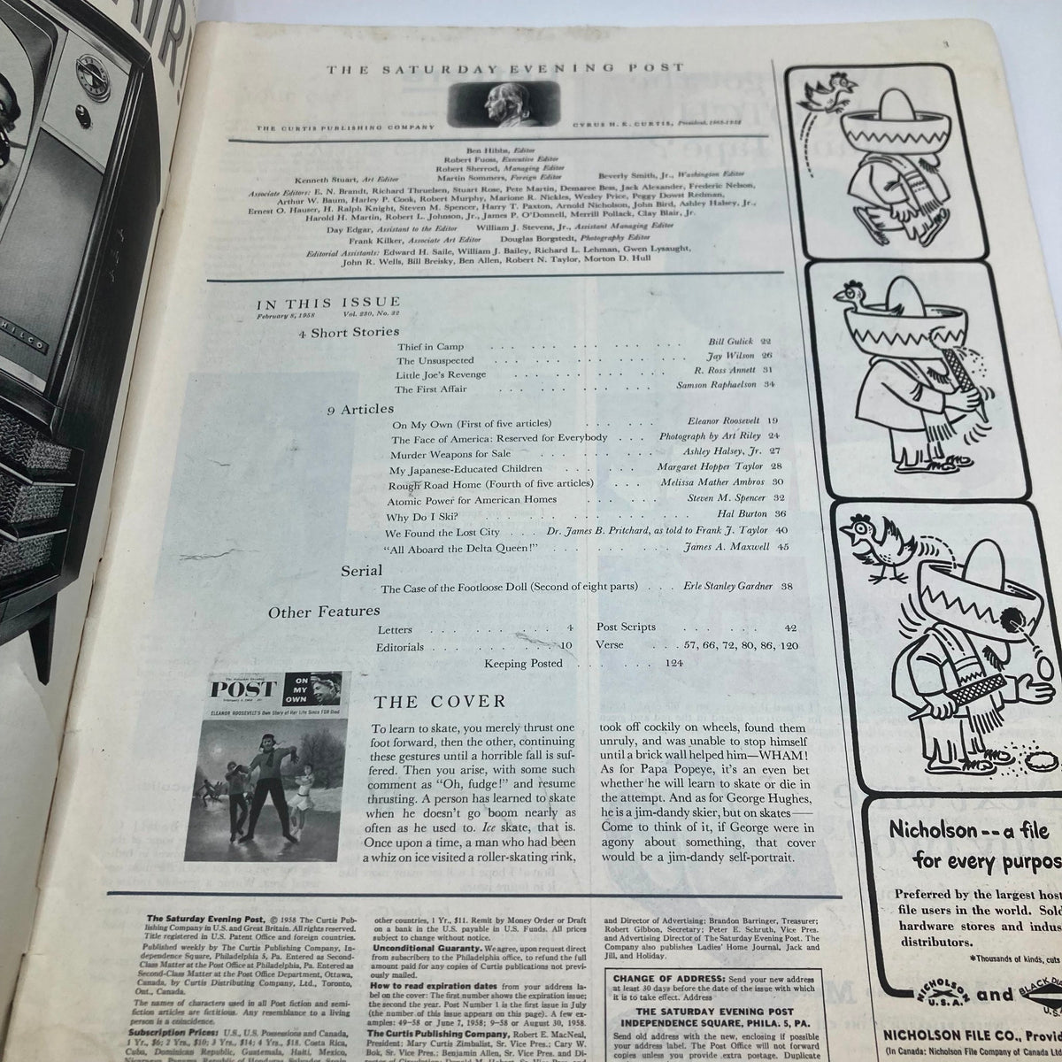 Inside page of Saturday Evening Post magazine from February 8, 1958, showing the table of contents and features including an article by Eleanor Roosevelt.