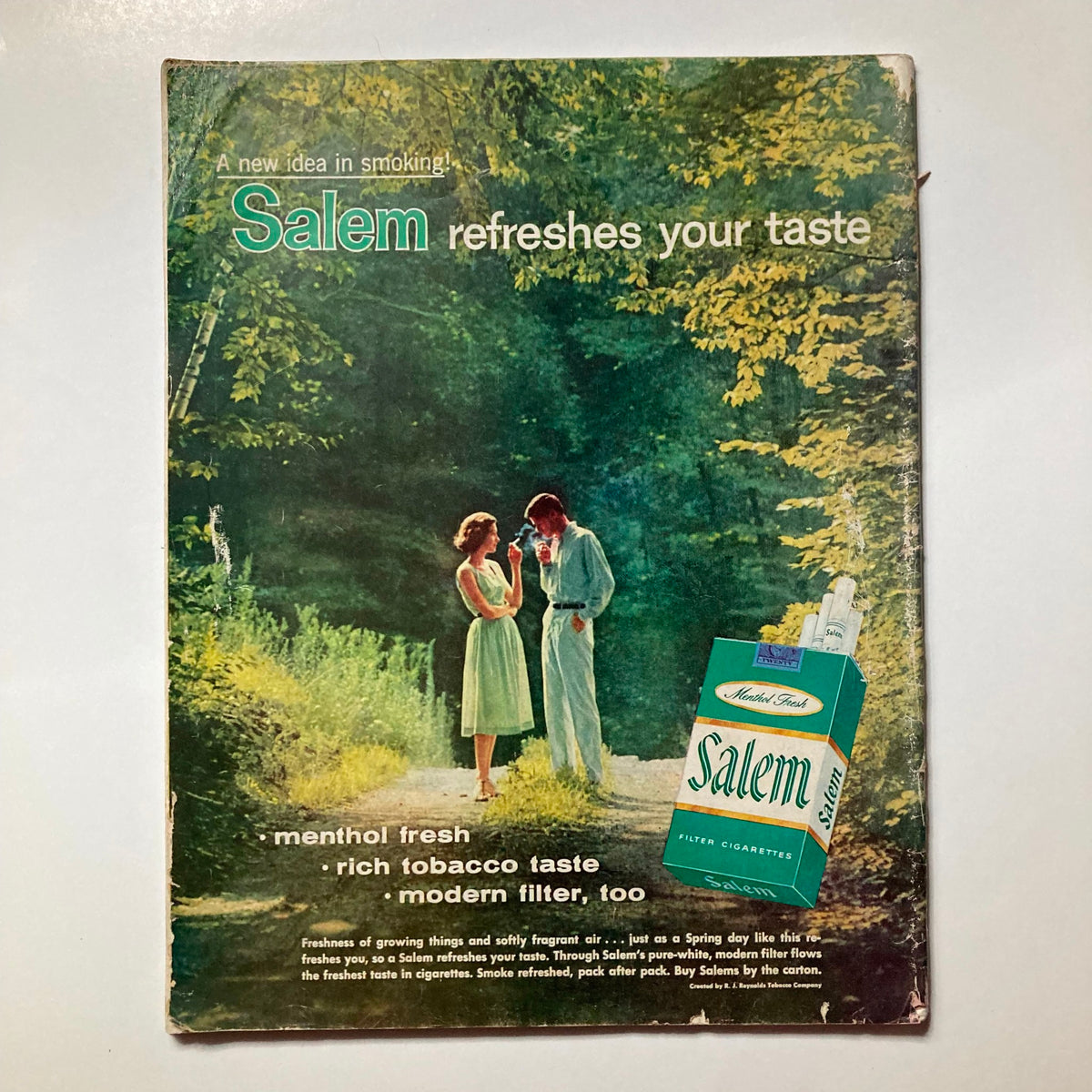 Back cover of the Saturday Evening Post magazine, February 8, 1958, showcasing a vintage advertisement for Salem cigarettes.